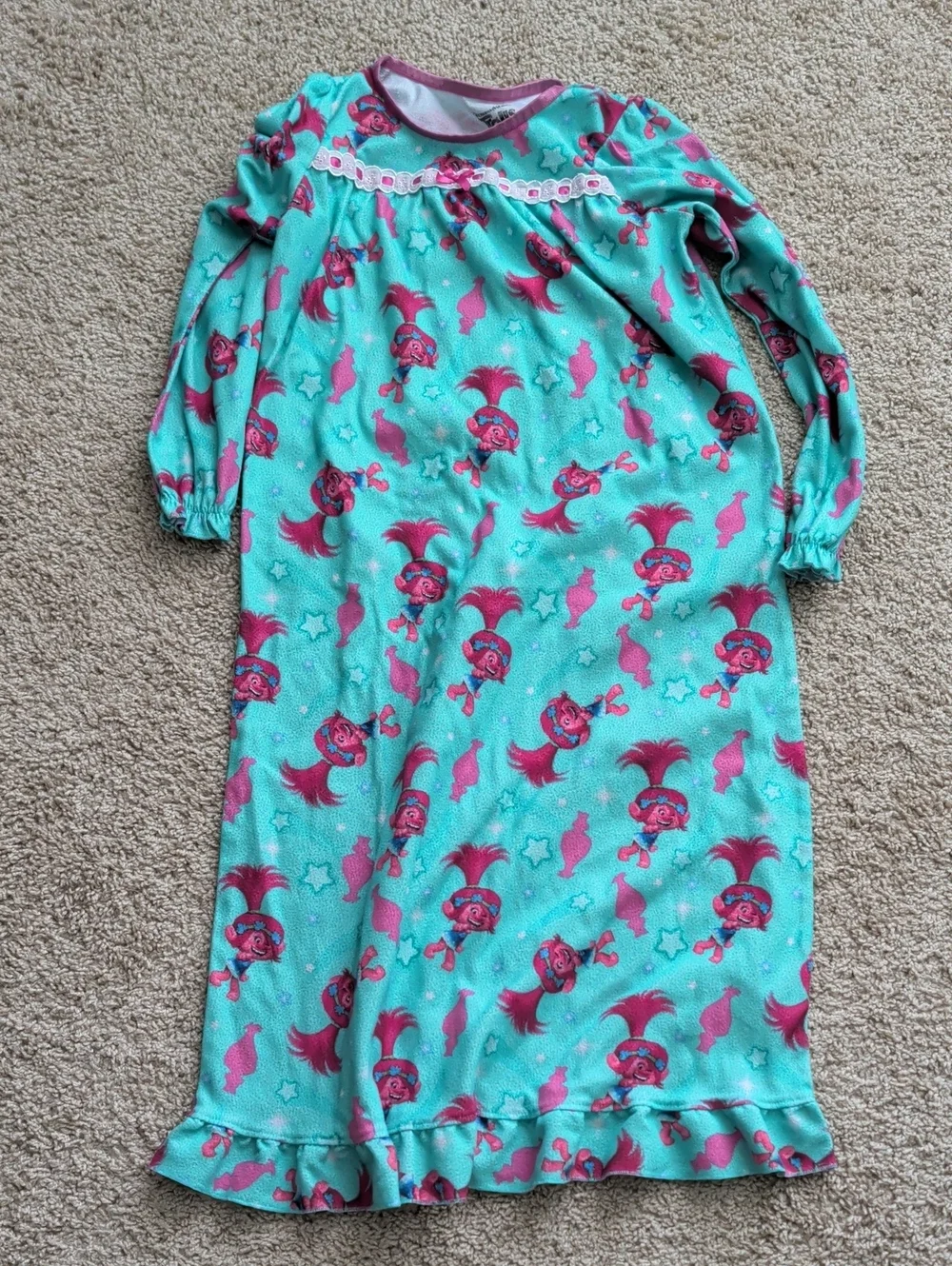 Trolls Aqua and Hot Pink Long Sleeve Girls Nightgown with Ruffle Hem